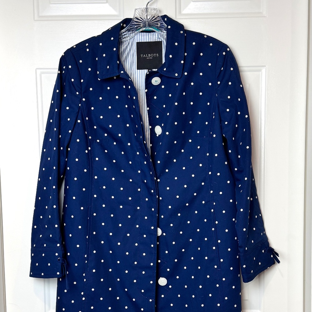 Talbots Polka Dot Print Cotton Mac Trench Coat, size 6 Petite, NWOT